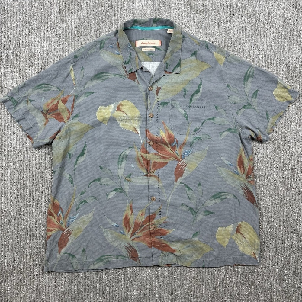 Tommy Bahama‎ Shirt Mens XXL Button Up 100% Silk Loop Collar Floral Hawaiian